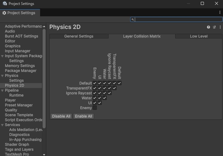 Project SettingsのPhysics 2D。Layer Collision MatrixのEnemy×Enemyのチェックが外れている