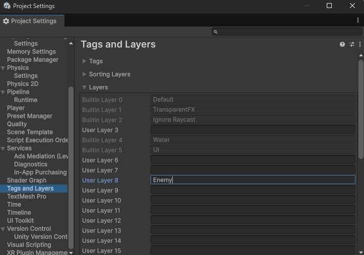 Project SettingsのTags and Layers。User Layer 8にEnemyが入っている