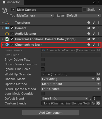 Main CameraのInspectorに、Cinemachine Brainコンポーネントが追加されている