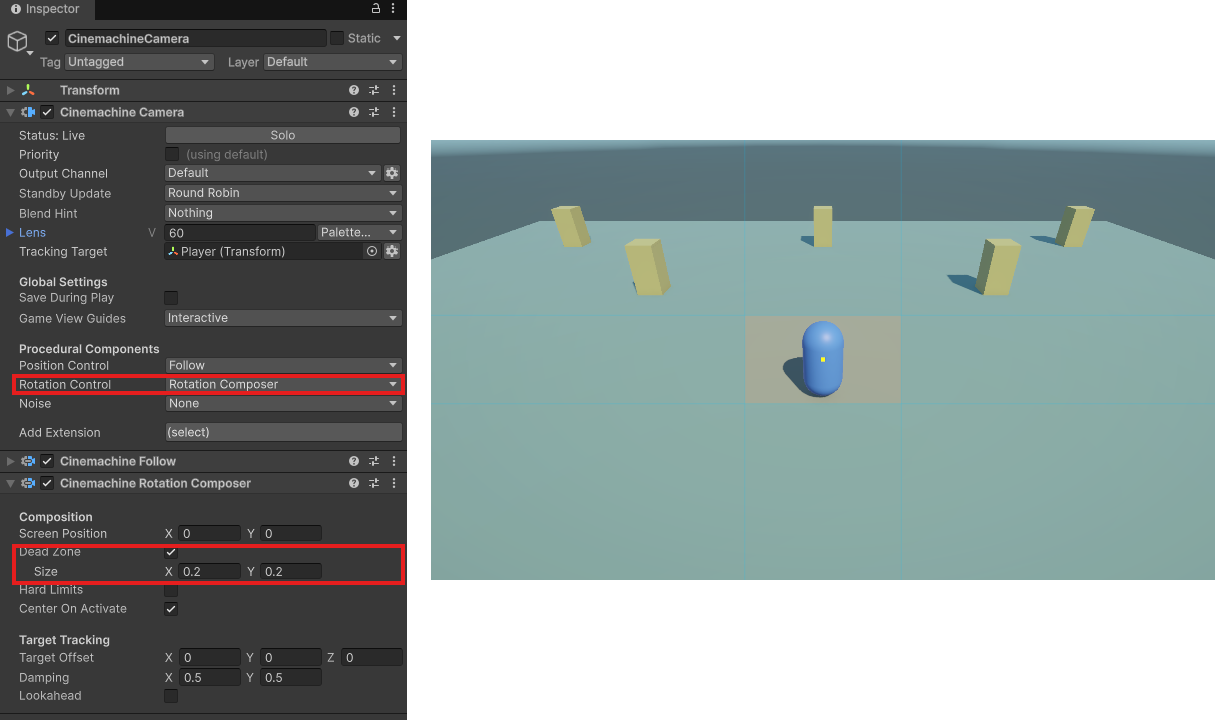 Rotation ControlをRotation Composerにして、Dead Zoneにチェックを入れた状態。GameビューにDead Zoneの枠が表示されている
