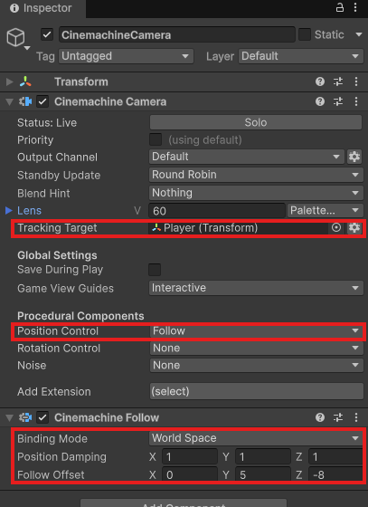CinemachineCameraのInspector。Tracking TargetにPlayer、Position ControlにFollow、Cinemachine FollowはWorld Space・Damping 1/1/1・Offset 0/5/-8