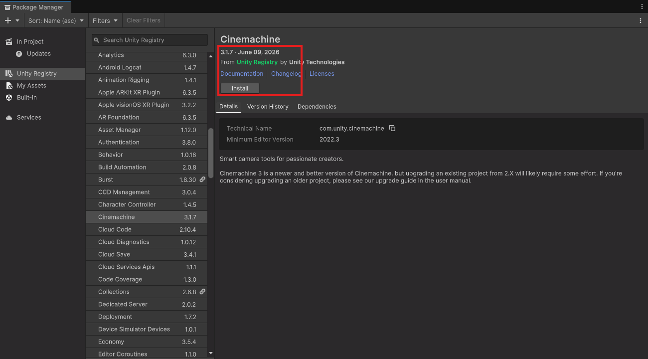 Package ManagerのUnity RegistryでCinemachineを選んだ画面。バージョンは3.1.7で、Installボタンがある