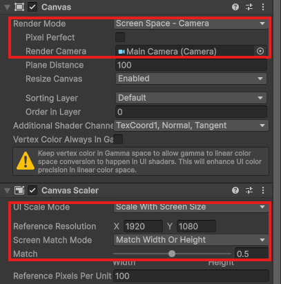 CanvasのRender ModeがScreen Space - Camera、Render CameraがMain Camera。Canvas ScalerはScale With Screen Size、1920×1080、Match 0.5