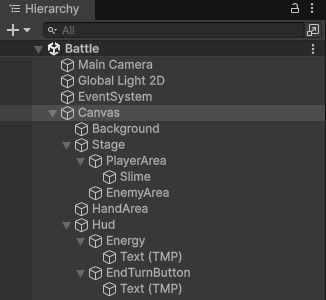 Canvasの下にBackground・Stage（PlayerArea・Slime・EnemyArea）・HandArea・Hud（Energy・EndTurnButton）が並ぶHierarchy