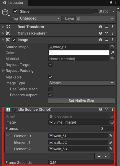 SlimeのInspector。Source Imageがwalk_61でPreserve Aspectにチェック。Idle BounceのImageにSlime、Framesにwalk_61・walk_62・walk_63、Frame Secondsが0.15