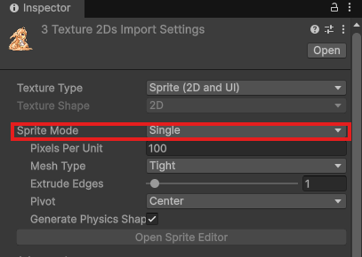 walk_61〜walk_63の3枚を選んだInspector。Texture TypeがSprite (2D and UI)、Sprite ModeがSingle