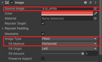 HpFillのImage。Source Imageがui_white、Image TypeがFilled、Fill MethodがHorizontal、Fill OriginがLeft