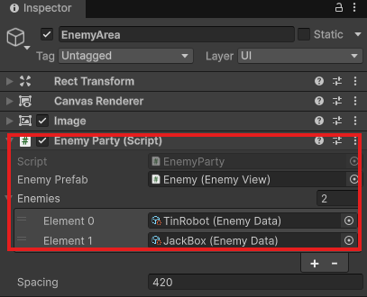 EnemyAreaのEnemy Party。Enemy PrefabにEnemy、EnemiesにTinRobotとJackBox、Spacingが420
