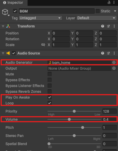 BGMのAudio Source。Audio Generatorがbgm_home、Play On AwakeとLoopにチェック、Volumeが0.4