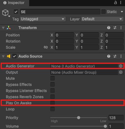SEのAudio Source。Audio GeneratorがNone、Play On Awakeのチェックなし