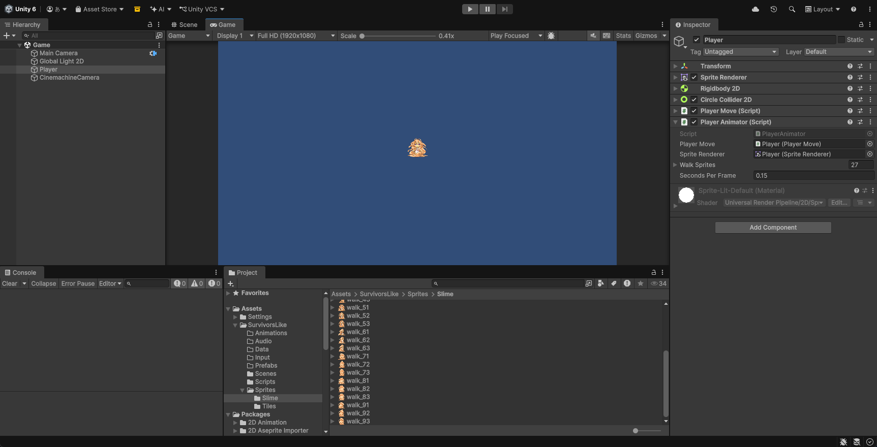 PlayerのPlayer Animator。Player MoveとSprite RendererにPlayerが入り、Walk Spritesが27枚