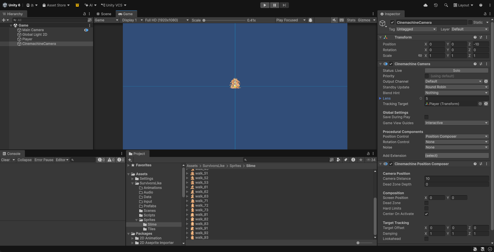 CinemachineCameraのInspector。Tracking TargetにPlayer、LensのOrthographic Sizeが5