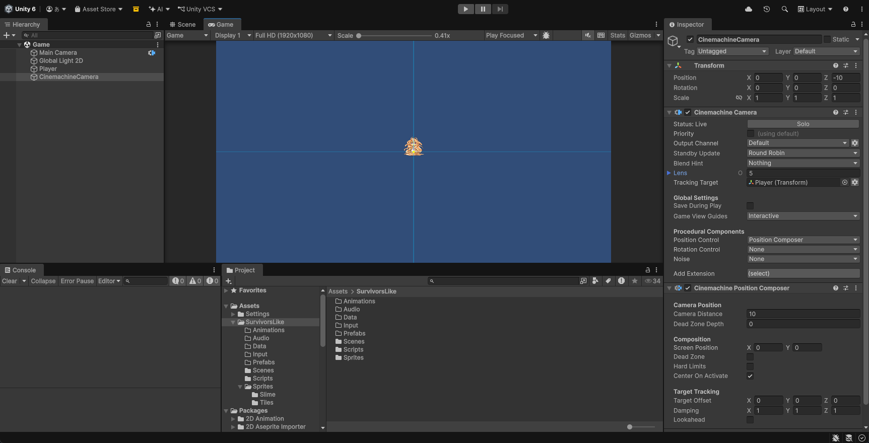 Assets>SurvivorsLikeの中にScripts・Sprites・Prefabs・Data・Animations・Audio・Scenesが並んでいる
