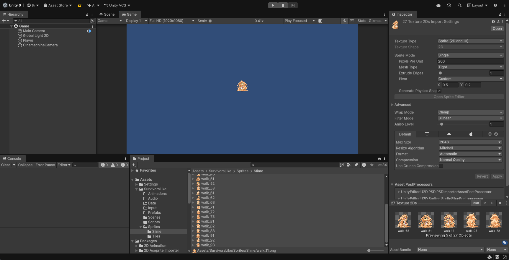 27枚を選んだ状態のInspector。Sprite ModeがSingle、Pixels Per Unitが200、PivotがCustomの0.5/0.2