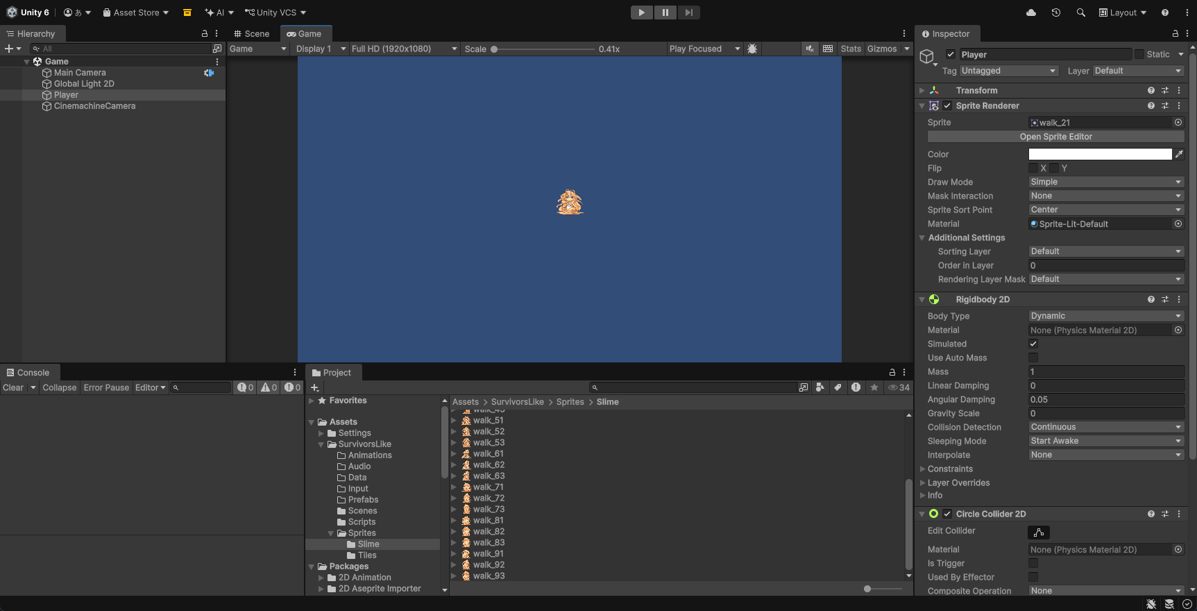 PlayerのInspector。Sprite Renderer、Rigidbody 2D（Gravity Scale 0、Collision Detection Continuous）、Circle Collider 2D