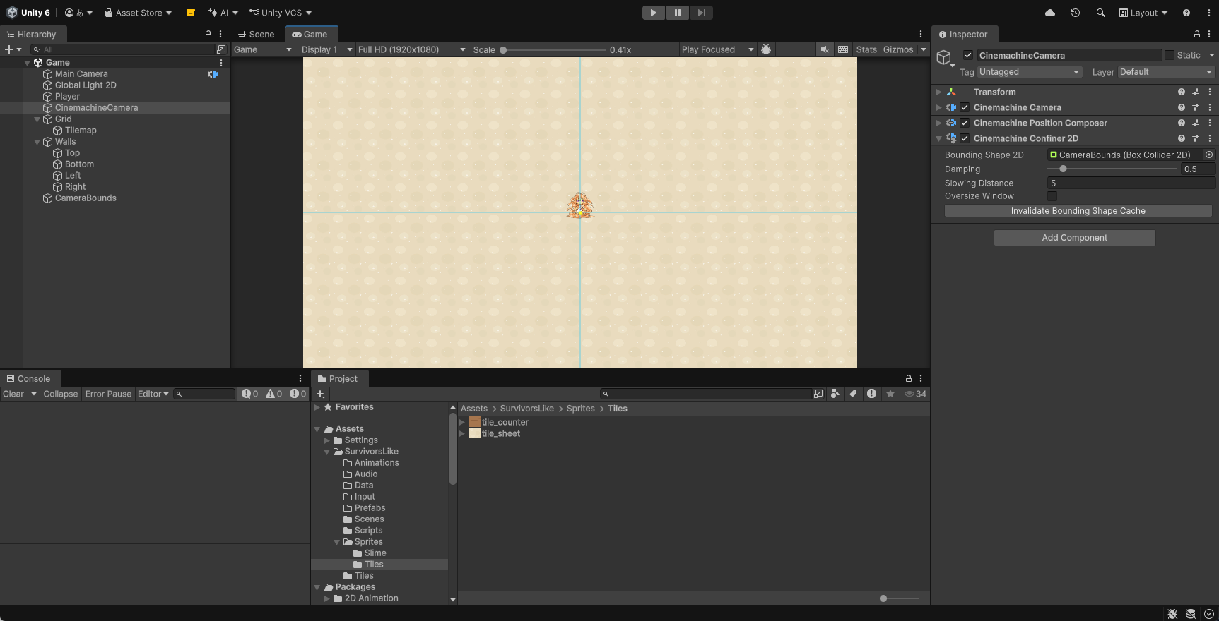 CinemachineCameraのInspector。Cinemachine Confiner 2DのBounding Shape 2DにCameraBounds