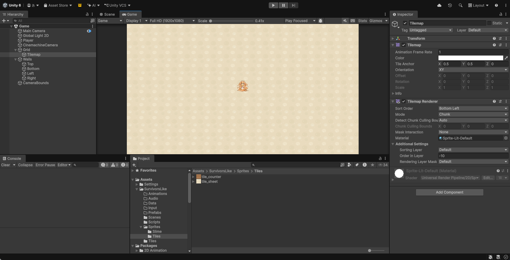 TilemapのInspector。Tilemap RendererのOrder in Layerが-10になっている