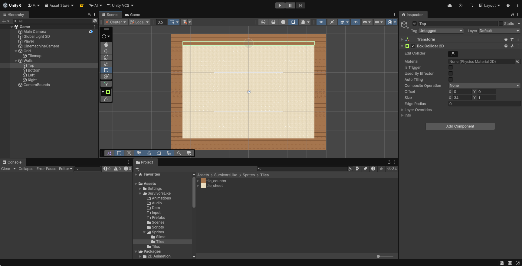 Wallsの子のTopを選択したInspector。Box Collider 2DのSizeがX34・Y1