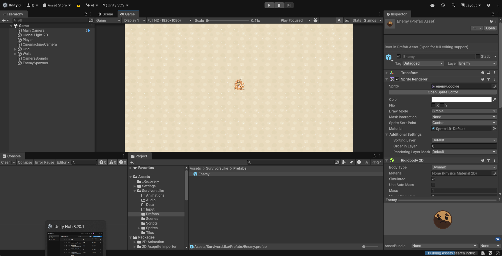 Enemyのプレハブ。Sprite Renderer、Rigidbody 2D（Gravity Scale 0）、Circle Collider 2D（Is Trigger、Radius 0.35）