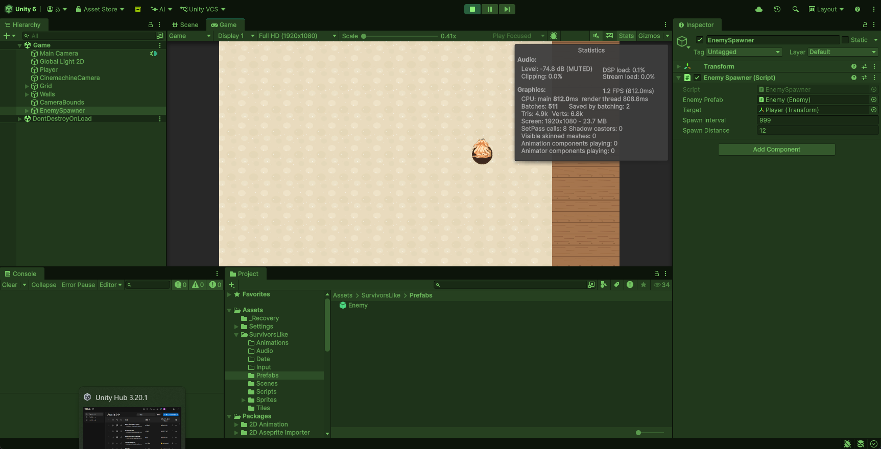 敵513体で、Statsパネルに1.2 FPS（812.0ms）と出ている状態