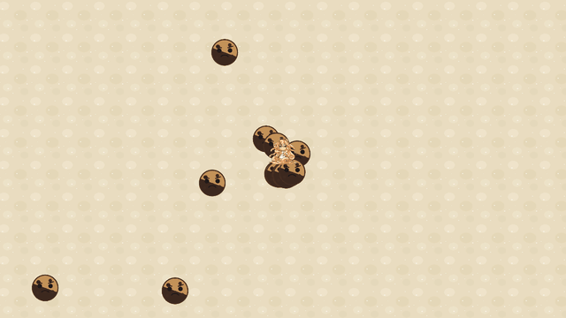 スライムちゃんの周りに集まったコゲクッキーへ、計量スプーンが自動で飛んでいく様子