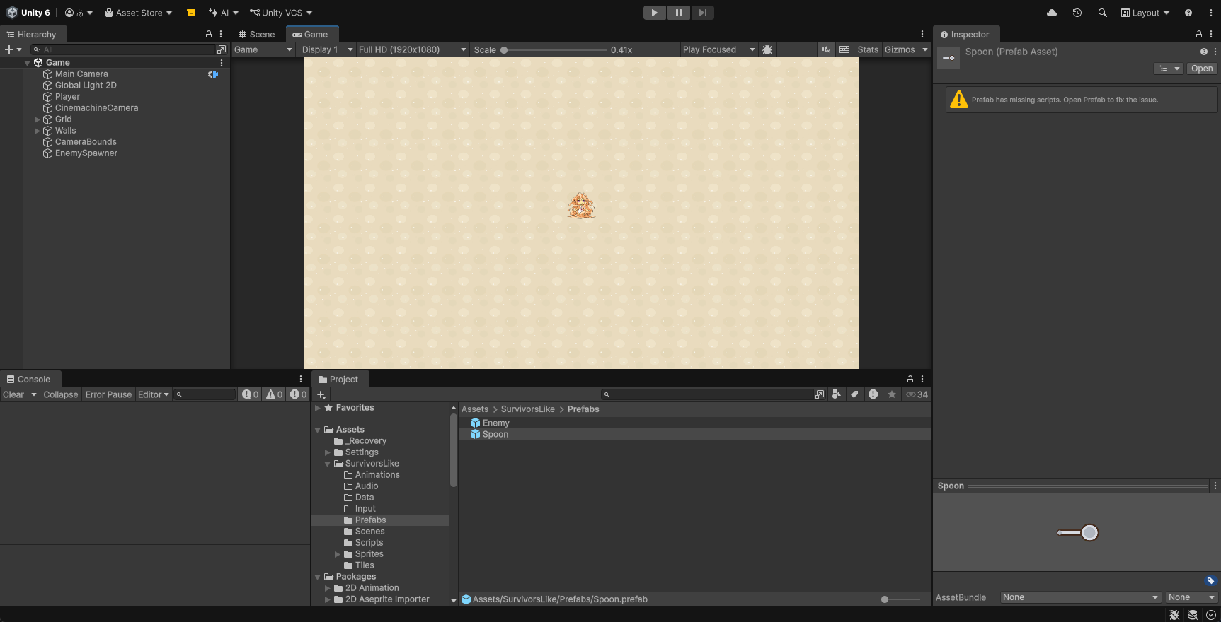 Spoonのプレハブ。Sprite Renderer（spoon）、Rigidbody 2D（Gravity Scale 0）、Circle Collider 2D（Is Trigger、Radius 0.15）