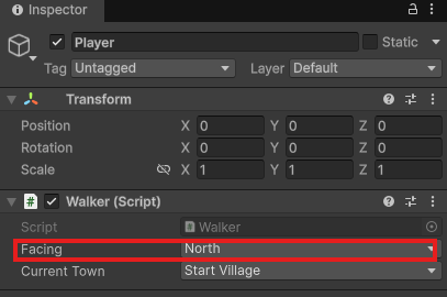 PlayerのWalker。FacingにNorthが選ばれ、Current TownはStart Village