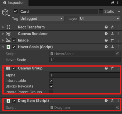 CardのInspector。Image、Hover Scale、Canvas Group、Drag Itemが付いている