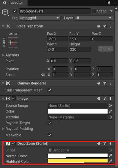 DropZoneLeftのInspector。ImageとDrop Zoneが付き、Normal Colorは白の半透明、Highlight Colorは黄色