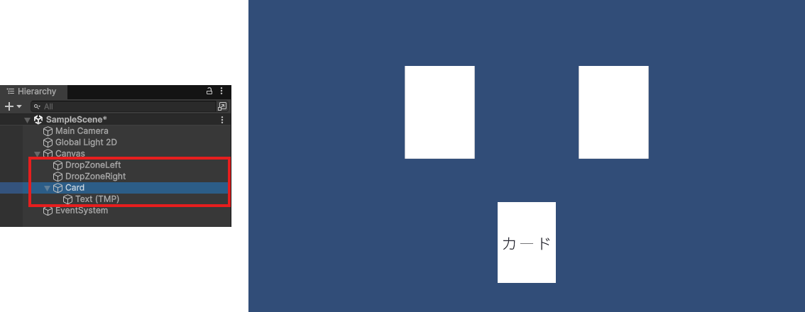 HierarchyのCanvasの下にDropZoneLeft・DropZoneRight・Card（子にText (TMP)）が並び、Gameビューでは上に置き場所が2つ、下にカードがある