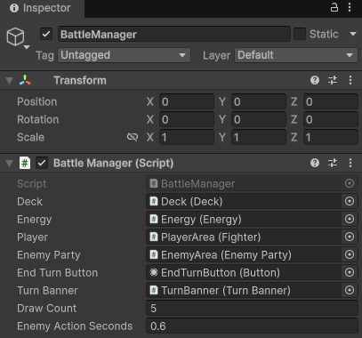 HierarchyでBattleManagerを選択したInspector。Battle ManagerのDeckにDeck、EnergyにEnergy、PlayerにPlayerArea、Enemy PartyにEnemyArea、End Turn ButtonにEndTurnButton、Turn BannerにTurnBanner、Draw Countが5、Enemy Action Secondsが0.6