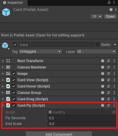 ProjectウインドでPrefabs/Cardを選択したInspector。一番下にCard Fly (Script)があり、Fly Secondsが0.2、End Scaleが0.3。Card Flyを赤枠で囲む