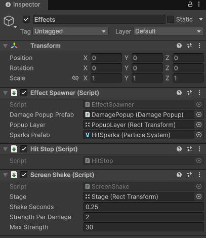 HierarchyでEffectsを選択したInspector。Effect SpawnerのDamage Popup PrefabにDamagePopup、Popup LayerにPopupLayer、Sparks PrefabにHitSparks。その下にHit Stop (Script)、Screen Shake (Script)（StageにStage、Shake Seconds 0.25、Strength Per Damage 2、Max Strength 30）