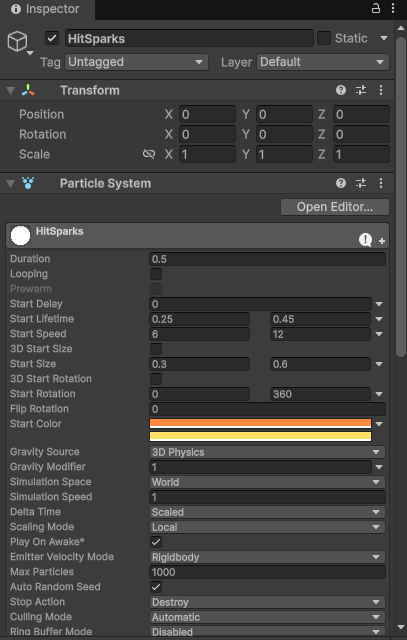 HierarchyでHitSparksを選択したInspectorの、Mainモジュール。Duration 0.5、Loopingのチェックなし、Start Lifetime 0.25〜0.45、Start Speed 6〜12、Start Size 0.3〜0.6、Start Colorが黄色とオレンジの2色、Gravity Modifier 1、Simulation Space：World、Stop Action：Destroy