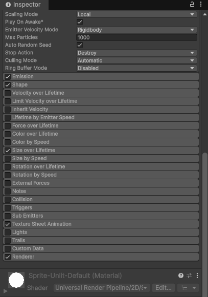 HitSparksのInspectorを下へスクロールした状態。Mainの下半分（Stop Action：Destroy）と、チェックの入ったモジュール（Emission・Shape・Size over Lifetime・Texture Sheet Animation・Renderer）、RendererのマテリアルがSprite-Unlit-Default