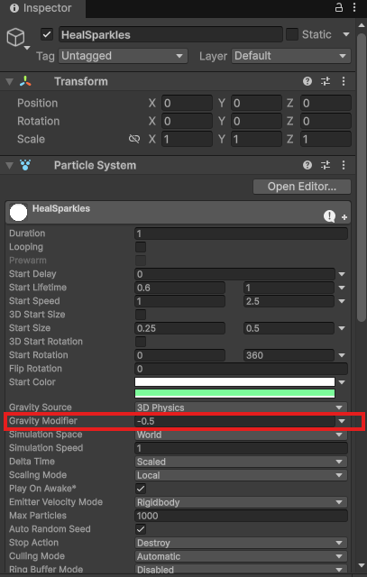 Prefabs/HealSparklesを開いたInspectorのMainモジュール。Start Lifetime 0.6〜1、Start Speed 1〜2.5、Start Size 0.25〜0.5、Start Colorが緑と白、Gravity Modifierが-0.5。Gravity Modifierを赤枠で囲む