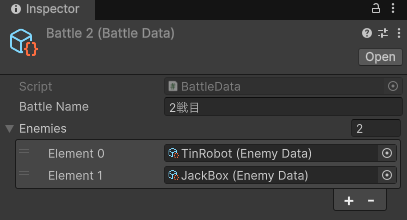 ProjectウインドでData/Battles/Battle2を選択したInspector。Battle Nameが2戦目、Enemiesが2つ（TinRobot・JackBox）