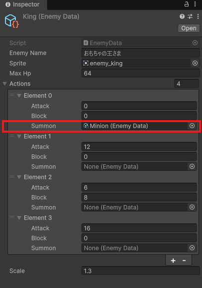 ProjectウインドでData/Enemies/Kingを選択したInspector。Enemy Nameがおもちゃの王さま、Max Hpが64、Actionsが4つ（Element 0のSummonにMinion、Element 1がAttack 12、Element 2がAttack 6・Block 8、Element 3がAttack 16）、Scaleが1.3。Element 0のSummonを赤枠で囲む