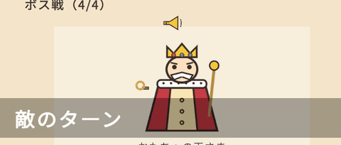 王さまの予告がラッパのアイコンのときに敵のターンになると、王さまの左にちびロボ（小さいブリキロボ）がポンと出てくる。王さまの予告が剣と12に変わる。敵の場所を切り抜き