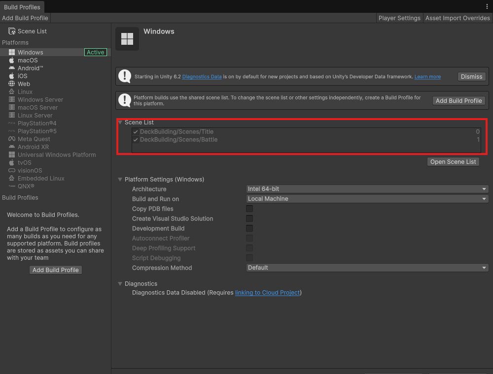 Build Profilesウインド。左のPlatformsでWindowsがActive、右のScene ListにDeckBuilding/Scenes/Title（0）とDeckBuilding/Scenes/Battle（1）が並び、どちらもチェックが入っている。Scene Listを赤枠で囲む