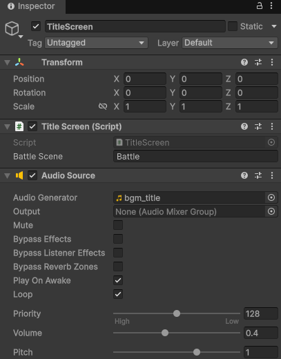 TitleシーンのHierarchyでTitleScreenを選択したInspector。Title Screen (Script)のBattle SceneがBattle、Audio SourceのAudio Resourceがbgm_title、Play On Awakeとループにチェック、Volume 0.4