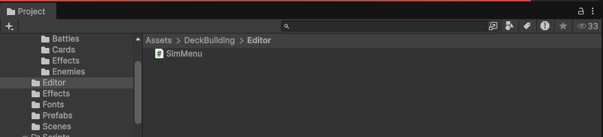 ProjectウインドのAssets/DeckBuilding/Editorフォルダに、SimMenuが入っている