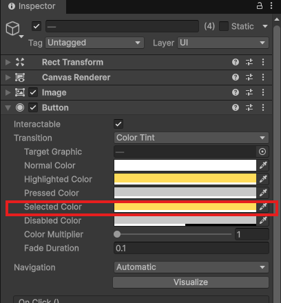 4つのボタンをまとめて選んだInspector。ButtonのHighlighted ColorとSelected Colorが黄色になっている